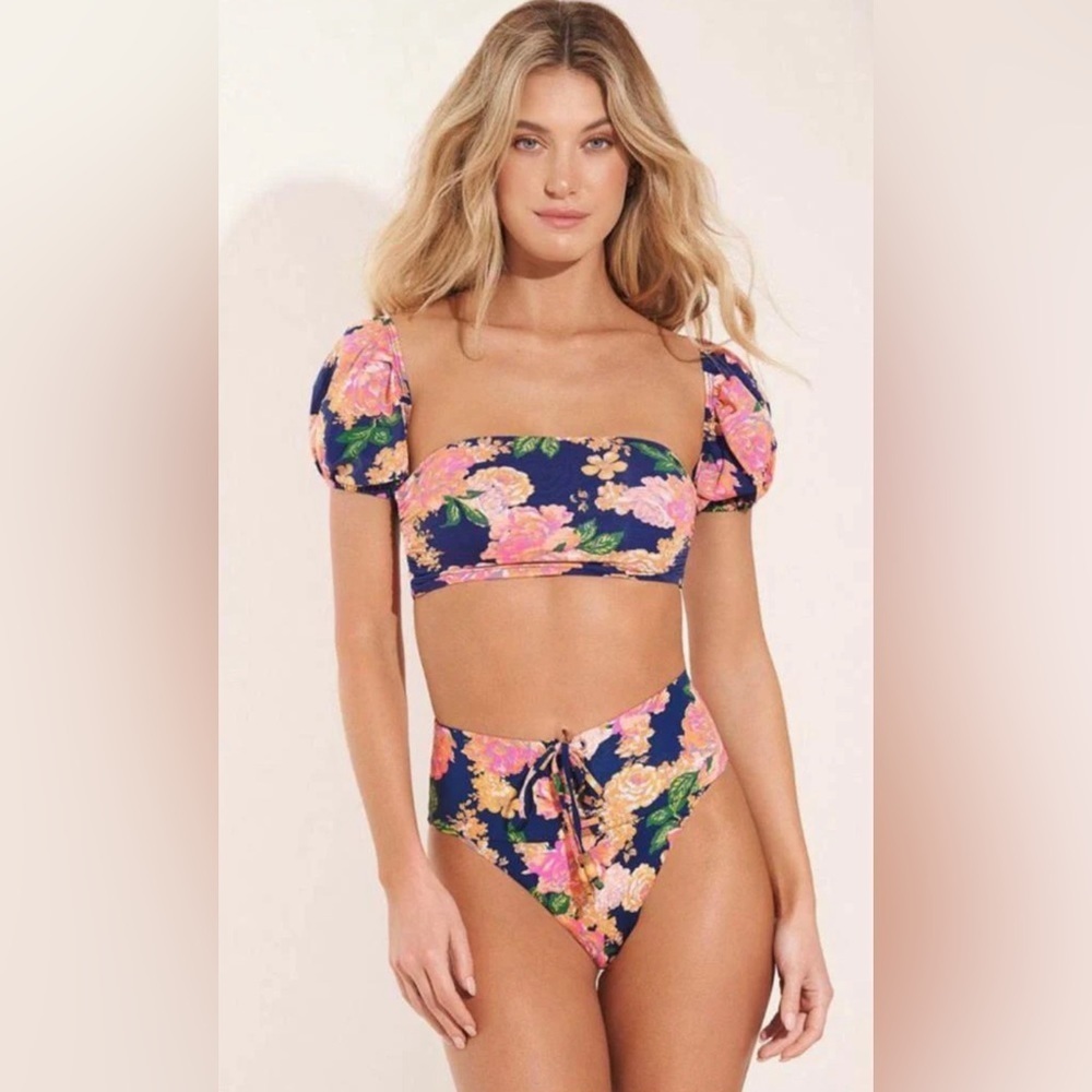 Maaji Peony Ebony Puff Sleeve Bikini Top M & Applause Reversible Bikini Bottom S - Picture 7 of 16